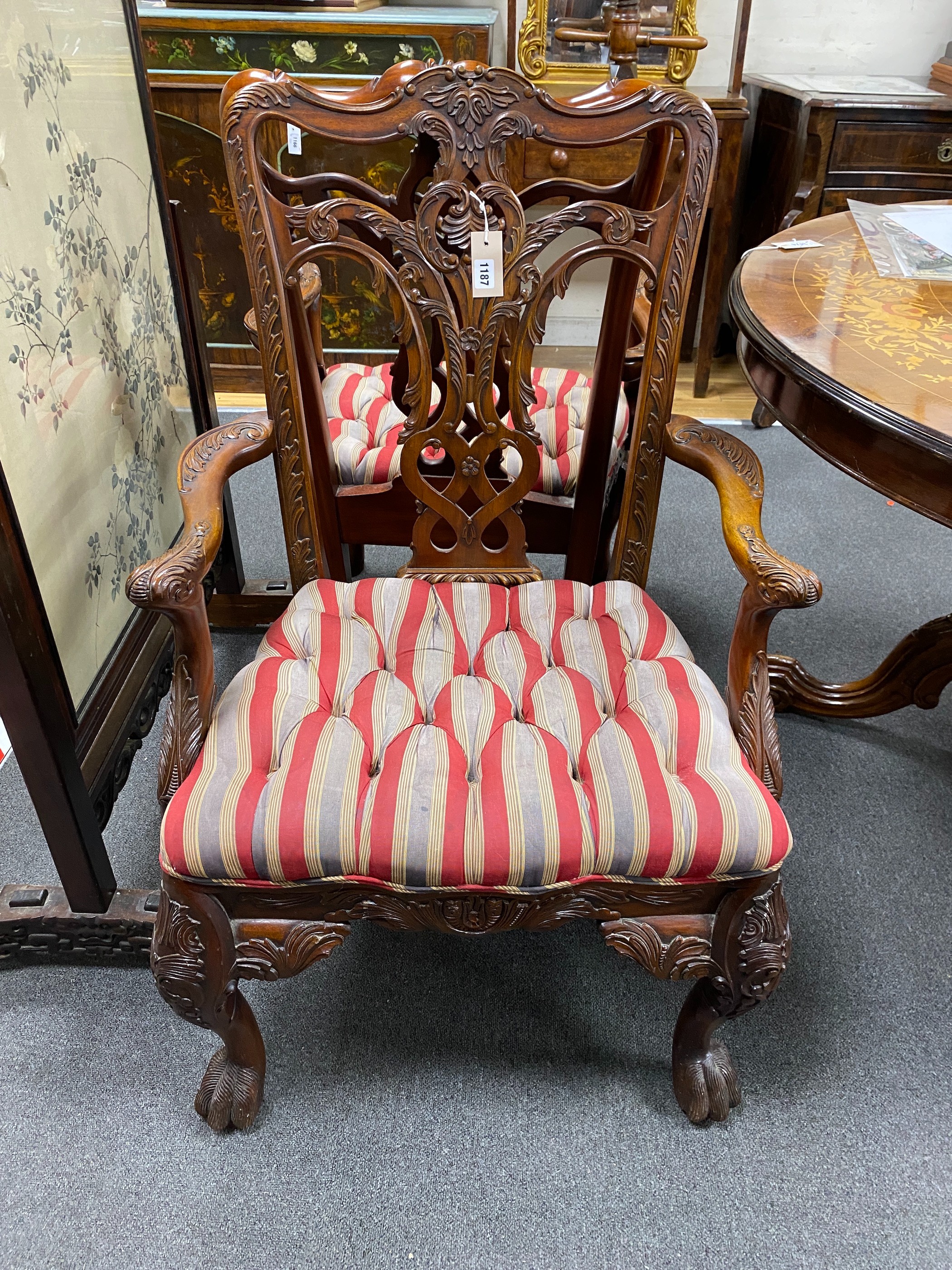 A pair of George III style mahogany elbow chairs, width 65cm, depth 50cm, height 106cm
